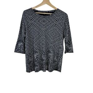 Lucky Brand Navy Blue Boho Floral Paisley 3/4 Sleeve Top 1X Comfy Lagenlook